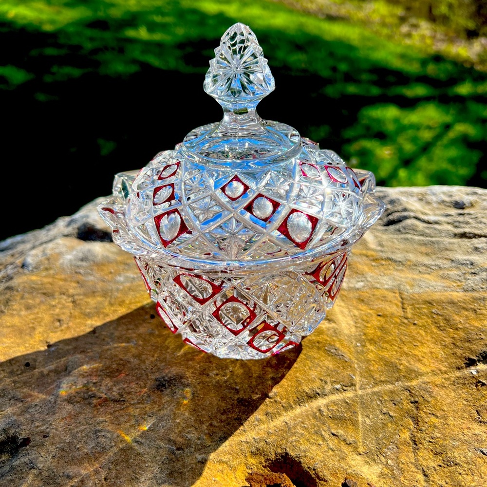 Vintage red and white cut glass candy dish